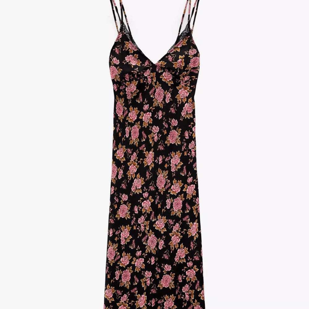 Zara Black and Pink Midi Dress with Floral Print